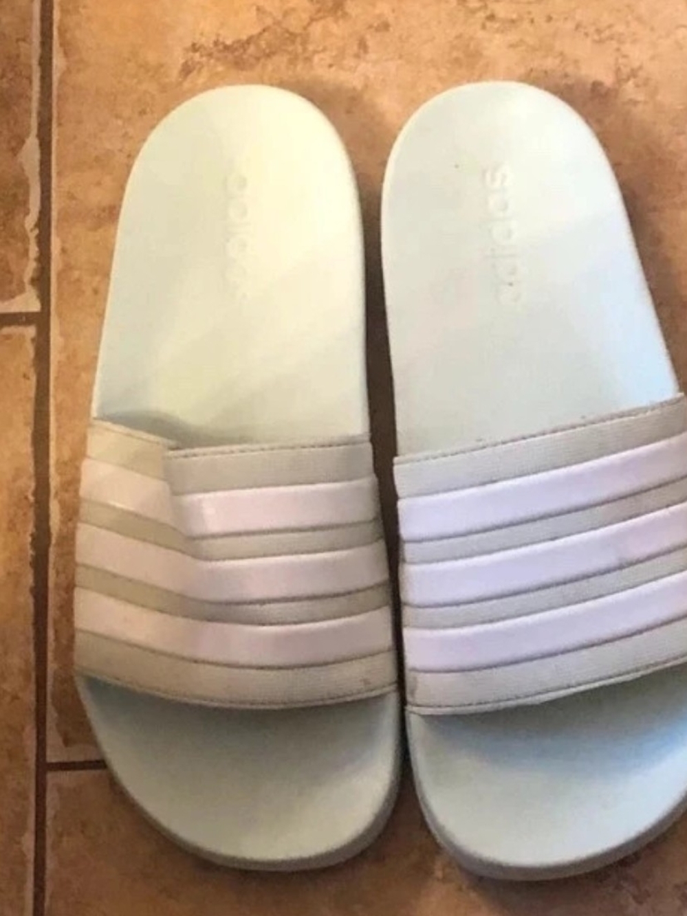 adidas Women's Light Blue Slide Sandals with Beige and Pale Pink Straps